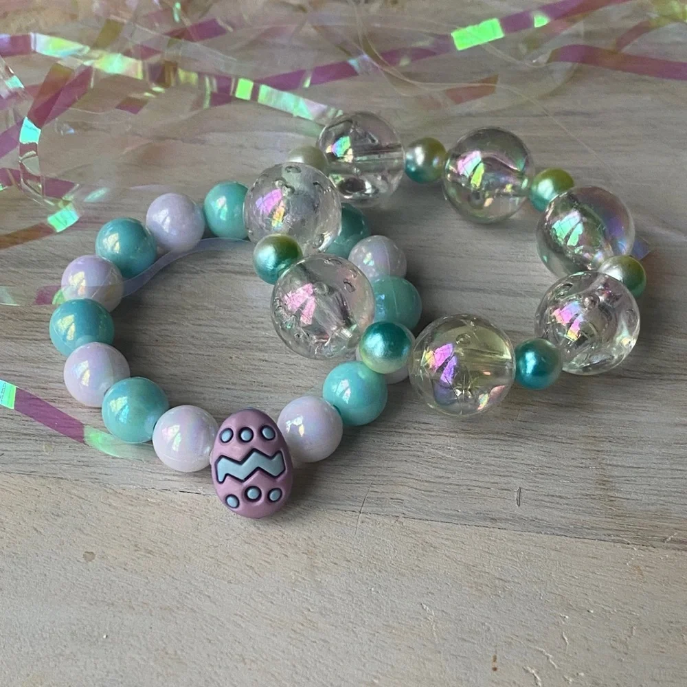 Girls Easter Egg Bracelet Set Kids Pastel Beaded Stretch Handmade Lavender Blue